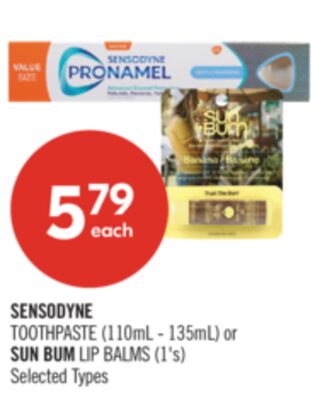 SENSODYNE TOOTHPASTE (110mL - 135mL) or SUN BUM LIP BALMS (1's)