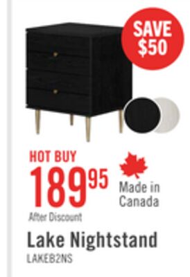 Lake Bedside 2-Drawer Nightstand, 19.5"W x 25.5"H, Made in Canada, Glam - Black