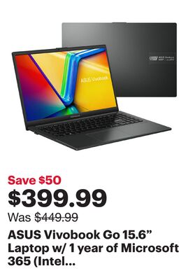 ASUS Vivobook Go 15.6" Laptop w/ 1 year of Microsoft 365 (Intel N100128GB/4GB RAM/128GB UFS/Win 11 S)