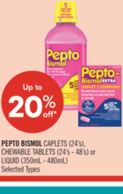 PEPTO BISMOL CAPLETS (24's), CHEWABLE TABLETS (24's - 48's) or LIQUID (350mL - 480mL)