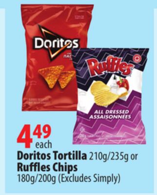 Doritos Tortilla 210g/235g or Ruffles Chips 180g/200g