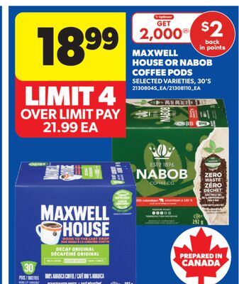 MAXWELL HOUSE OR NABOB COFFEE PODS, 30' S