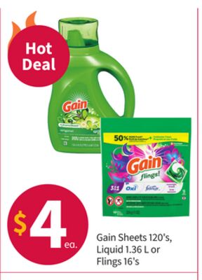 Gain Sheets 120's, Liquid 1.36 L or Flings 16's