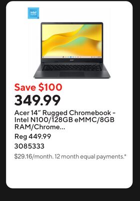 Acer 14" Rugged Chromebook - Intel N100/128GB eMMC/8GB RAM/Chrome OS with 3 months of Google AI Pro