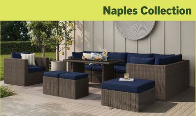 Naples 10-Piece Outdoor Patio Set with 3 Corner Chairs, 2 Armless Chairs, Chair, Large Ottoman, 2 Small Ottomans & Dining Height Table - Hand-Woven Resin Wicker, UV & Weather Resistant - Natural/Blue