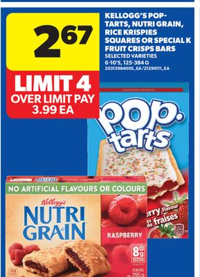KELLOGG'S POP-TARTS, NUTRI GRAIN, RICE KRISPIES SQUARES OR SPECIAL K FRUIT CRISPS BARS, 6-10' S, 125-384 G