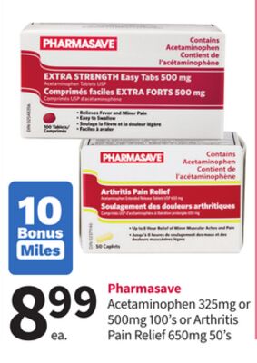 Pharmasave Acetaminophen 32 5 mg or 500mg 100' s or Arthritis Pain Relief 650mg 50's