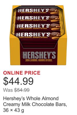 Hershey's Whole Almond Creamy Milk Chocolate Bars, 36 × 43 g
