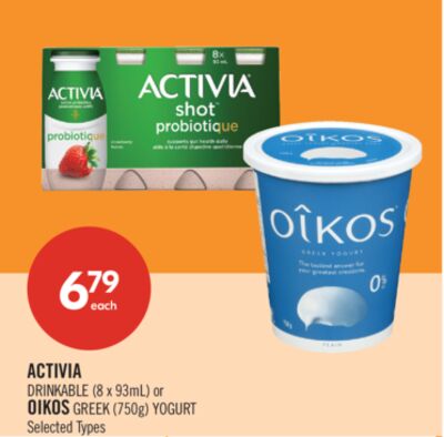 ACTIVIA DRINKABLE (8 x 93mL) or OIKOS GREEK (750g) YOGURT