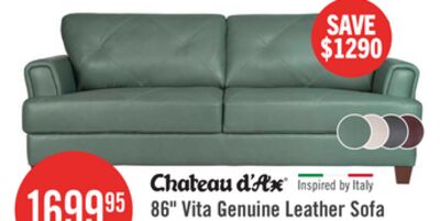 Chateau d'Ax Vita 87" 100% Genuine Leather Sofa with Diamond Pattern Stitching and Wood Legs - Seafoam Green