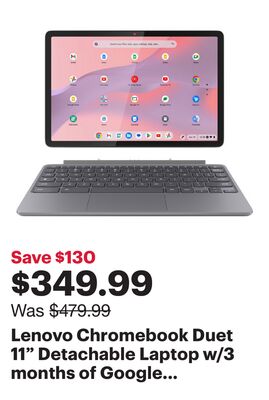 Lenovo Chromebook Duet 11" Detachable Laptop w/3 months of Google AI Pro&Keyboard&Stylus - (MediaTek Kompanio 838/128GB eMMC/8GB RAM)