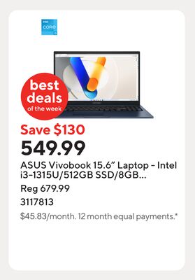 ASUS Vivobook 15.6" Laptop - Intel i3-1315U/512GB SSD/8GB RAM/Windows 11 Home