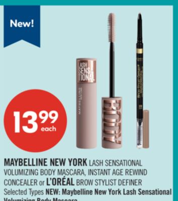 MAYBELLINE NEW YORK LASH SENSATIONAL VOLUMIZING BODY MASCARA, INSTANT AGE REWIND CONCEALER or L'ORÉAL BROW STYLIST DEFINER