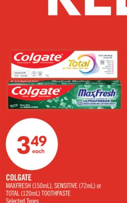 COLGATE MAXFRESH (150mL), SENSITIVE (72mL) or TOTAL (120mL) TOOTHPASTE