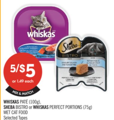 WHISKAS PATE (100g) or PERFECT PORTIONS (75g) SHEBA BISTRO (75g)