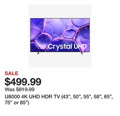 U8000 4K UHD HDR TV (43", 50", 55", 58", 65", 75" or 85")