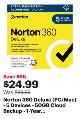 Norton 360 Deluxe (PC/Mac) - 5 Devices - 50GB Cloud Backup - 1-Year Subscription - Digital Download