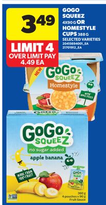 GOGO SQUEEZ, 4X90 G OR HOMESTYLE CUPS, 388 G