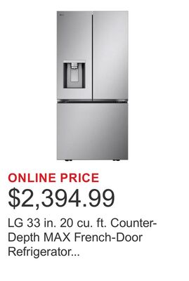 LG 33 in. 20 cu. ft. Counter-Depth MAX French-Door Refrigerator with External Ice/Water Dispenser - Stainless Steel