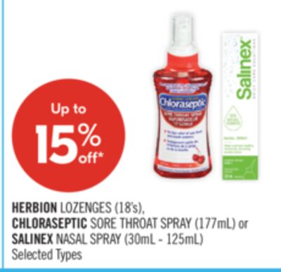 HERBION LOZENGES (18's), CHLORASEPTIC SORE THROAT SPRAY (177mL) or SALINEX NASAL SPRAY (30mL - 125mL)