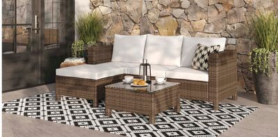 Miami 3-Piece Outdoor Patio Conversation Set with Sofa, Ottoman & Glass Top Coffee Table - Hand-Woven Resin Wicker, UV & Weather Resistant - Brown/Taupe