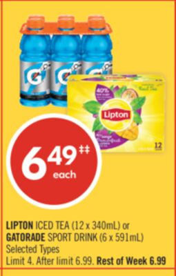 LIPTON ICED TEA (12 x 340mL) or GATORADE SPORT DRINK (6 x 591mL)
