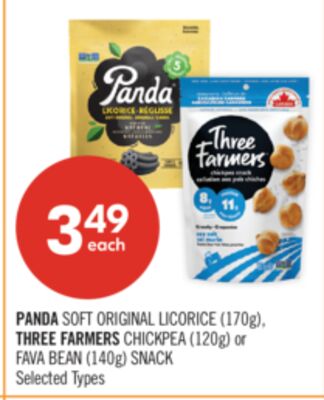 PANDA SOFT ORIGINAL LICORICE (170g), THREE FARMERS CHICKPEA (120g) or FAVA BEAN (140g) SNACK