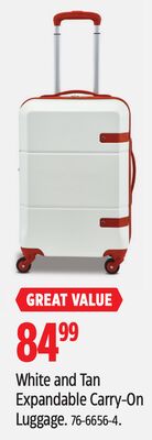 White and Tan Expandable Carry-On Luggage.