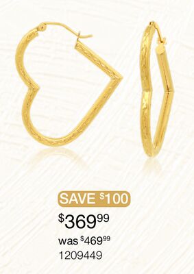 10K Yellow Gold Diamond Cut Heart Hoop Earrings