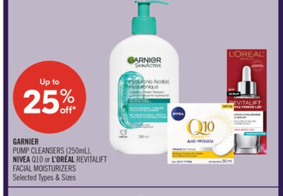 GARNIER Pump Cleansers (250mL), NIVEA Q10 or L'ORÉAL REVITALIFT Facial Moisturizers
