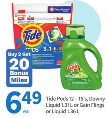 Tide Pods 12-16' s, Downy Liquid 1.31 L or Gain Flings or Liquid 1.36 L