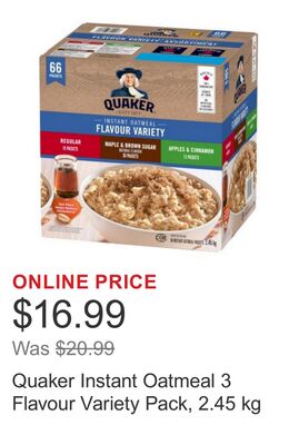 Quaker Instant Oatmeal 3 Flavour Variety Pack, 2.45 kg