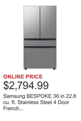 Samsung BESPOKE 36 in 22.8 cu. ft. Stainless Steel 4 Door French Door Counter Depth Refrigerator with Beverage Center