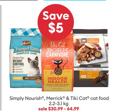Save $5 Simply Nourish®, Merrick® & Tiki Cat® cat food 2.2-3.1 kg