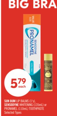 SUN BUM LIP BALMS (1's), SENSODYNE WHITENING (135mL) or PRONAMEL (110mL) TOOTHPASTE