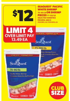 SEAQUEST® PACIFIC WHITE SHRIMP 70-90/LB OR SHRIMP PIECES 71-120/LB, 680 G