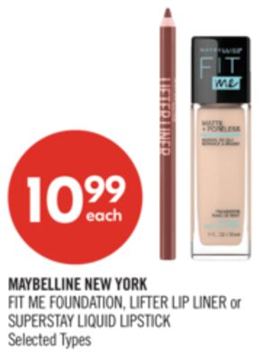 MAYBELLINE NEW YORK FIT ME FOUNDATION, LIFTER LIP LINER or SUPERSTAY LIQUID LIPSTICK