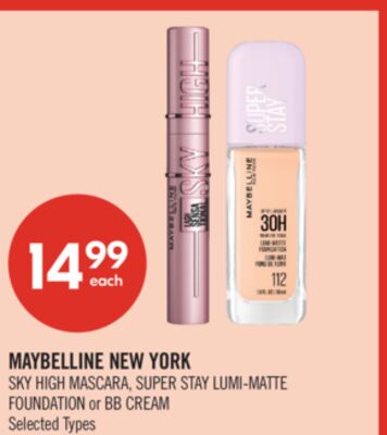 MAYBELLINE NEW YORK SKY HIGH MASCARA, SUPER STAY LUMI-MATTE FOUNDATION or BB CREAM