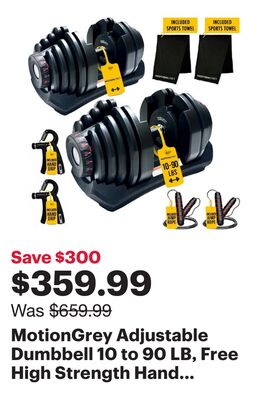 MotionGrey Adjustable Dumbbell 10 to 90 LB, Free High Strength Hand Grip Included 15 Adjustable Weight Settings Dumb Bell Barbell, Anti-slip Metal Handle (Set of 2)