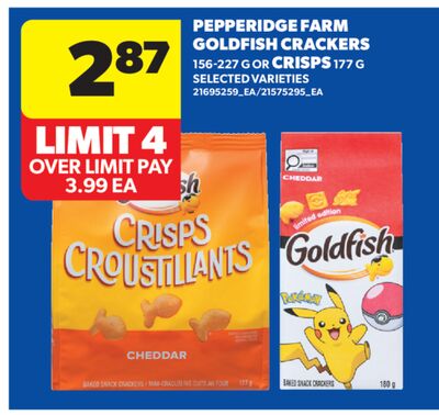 PEPPERIDGE FARM GOLDFISH CRACKERS, 156-227 G OR CRISPS, 177 G