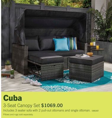 Cuba Canopy Outdoor Patio Conversation Set with Canopy Sofa, Ottoman & 2 Self-Storing Ottomans - Hand-Woven Resin Wicker, UV & Weather Resistant - Charcoal