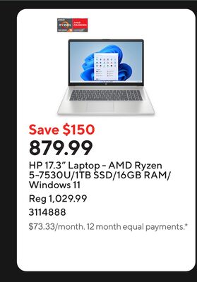 HP 17.3" Laptop - AMD Ryzen 5-7530U/1TB SSD/16GB RAM/Windows 11