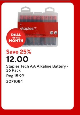 Staples Tech AA Alkaline Battery - 36 Pack