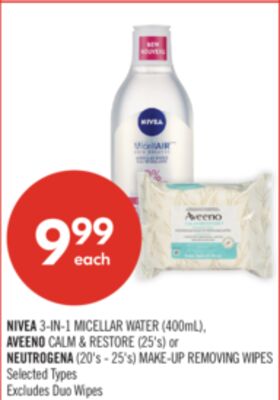 NIVEA 3-IN-1 MICELLAR WATER (400mL), AVEENO CALM & RESTORE (25's) or NEUTROGENA (20's - 25's) MAKE-UP REMOVING WIPES