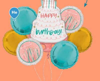 "Happy Birthday" Cake Day Supershape Balloon Bouquet with Round Foil Balloons, Teal and Gold, 7-pk, Helium Inflation & Ribbon Included