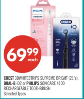 CREST 3DWHITESTRIPS SUPREME BRIGHT (21's), ORAL-B iO2 or PHILIPS SONICARE 4100 RECHARGEABLE TOOTHBRUSH