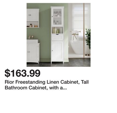 Rior Freestanding Linen Cabinet, Tall Bathroom Cabinet, with a Drawer, Adjustable Shelves, Modern Style