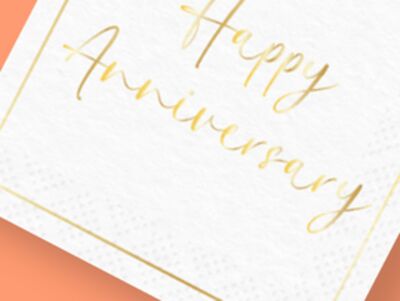 Happy Anniversary Paper Disposable Cocktail Napkin, White/Gold, 7-in, 20-pk, for Wedding/Anniversary, Elegant Paper Napkins