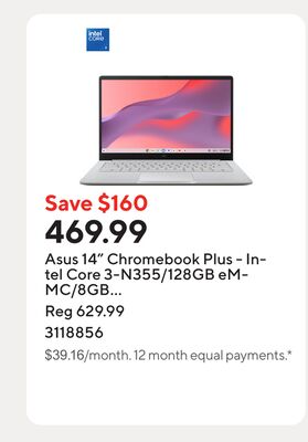 Asus 14" Chromebook Plus - Intel Core 3-N355/128GB eMMC/8GB RAM/Chrome OS with 1 year of Google AI Pro