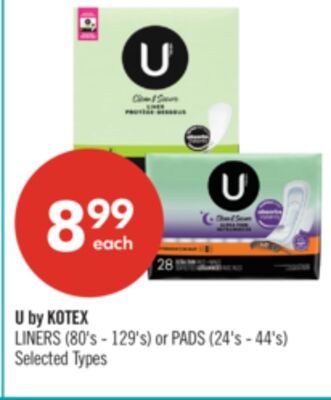 U by KOTEX LINERS (80's - 129's) or PADS (24's - 44's)